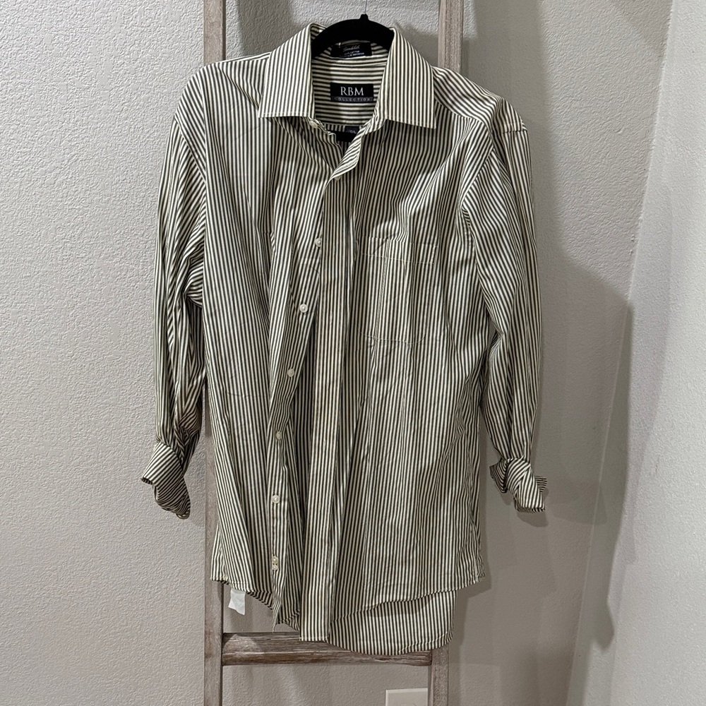 RBM Men's Classic Striped Button Down Shirt Olive & Ivory